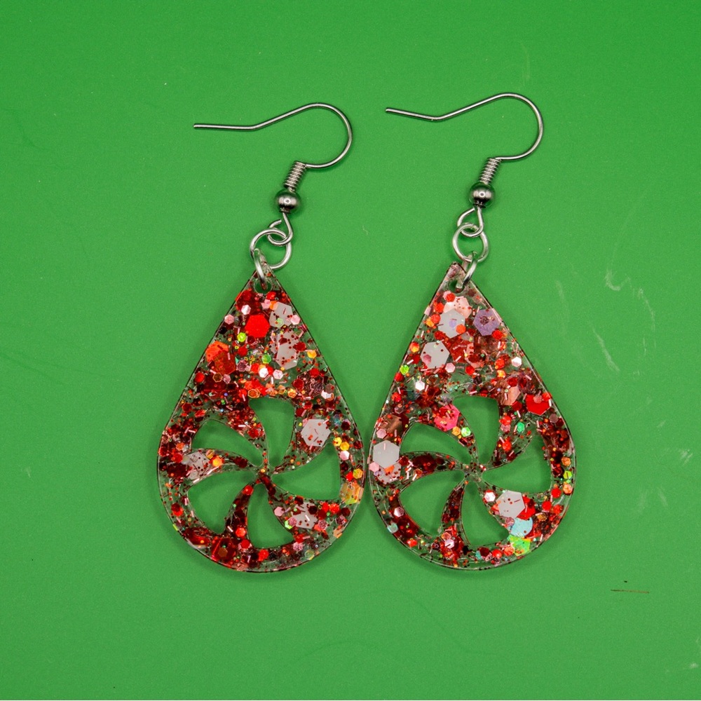 Red and White Glitter 1” Peppermint Swirl Resin Earrings